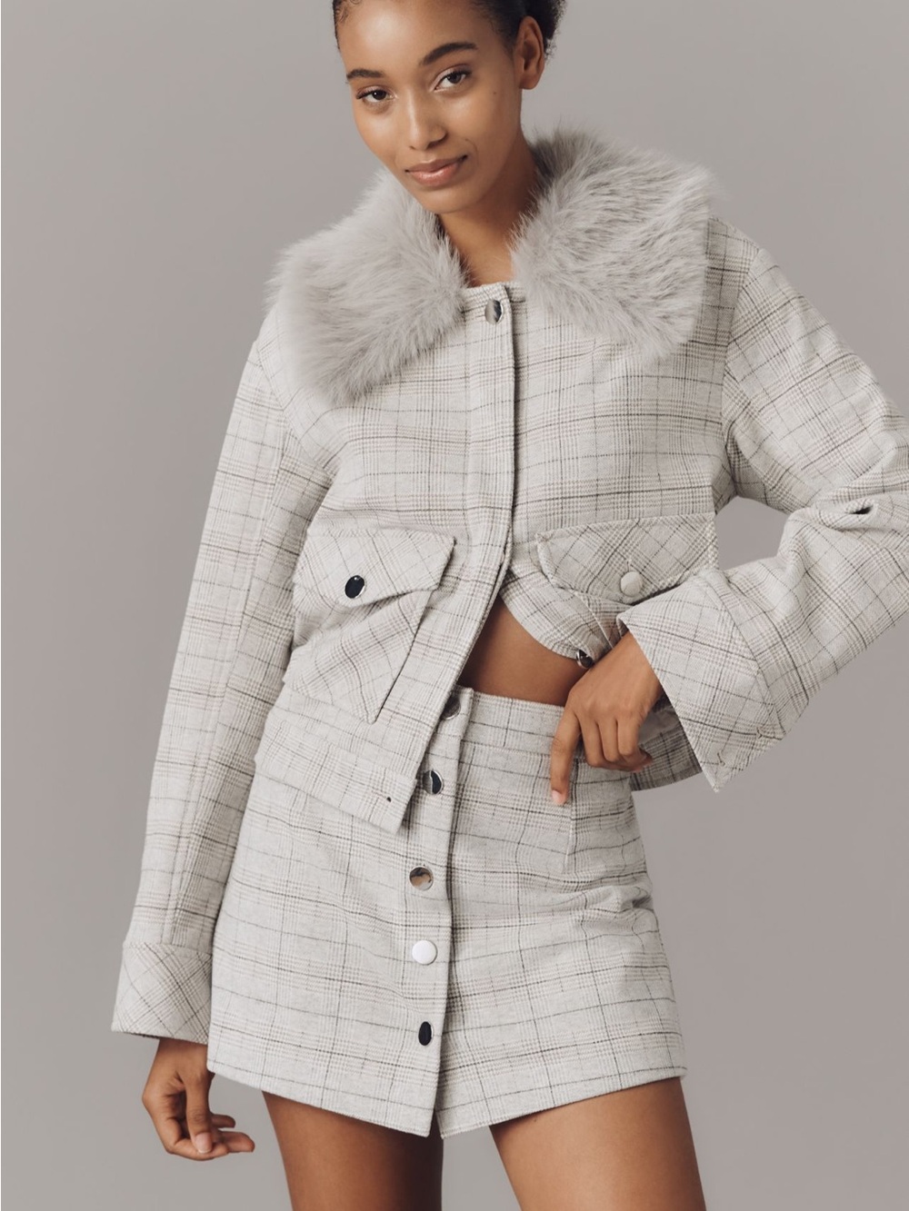 Maeve Light Gray Plaid Cropped Jacket with Faux Fur Collar